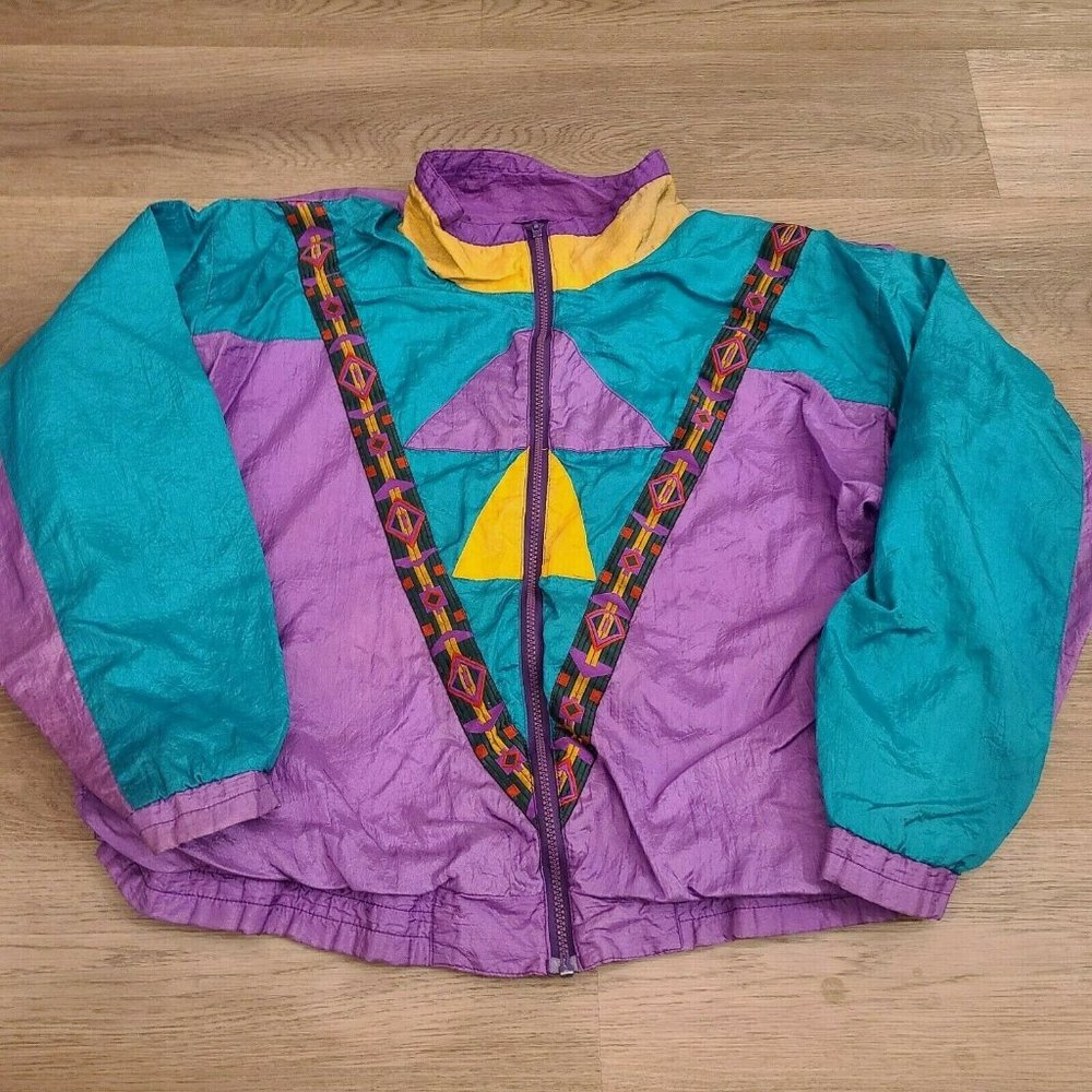 VTG Olympic Exposure Purple Green Aztec Windbreaker Jacket Size L 90s Colorblock